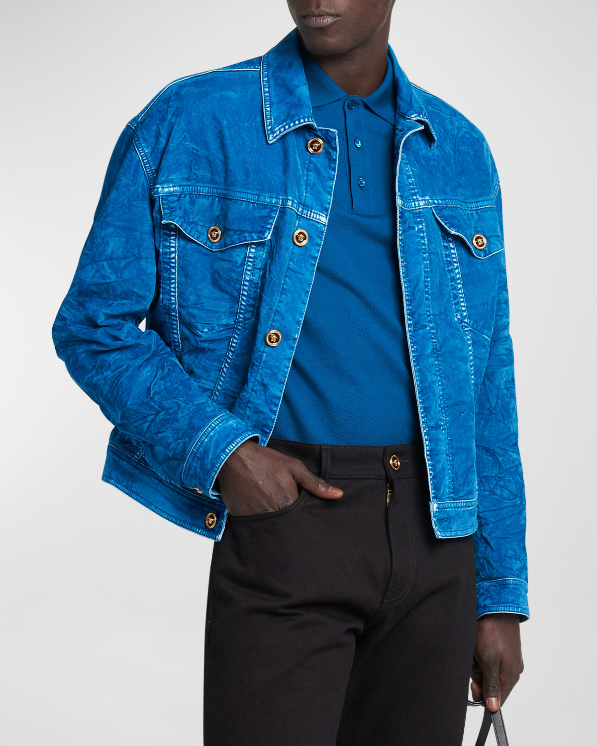 Shop Versace Men's Medusa Flocked Denim Jacket In Blue