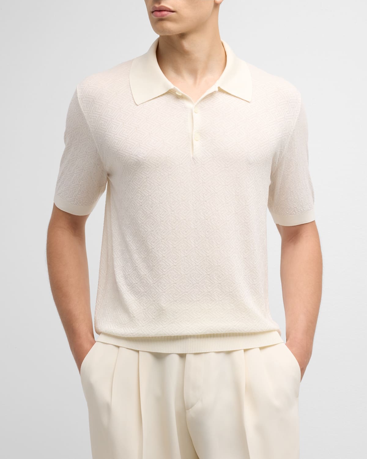 Versace Greca Short-sleeved Knit Polo Shirt In Beige