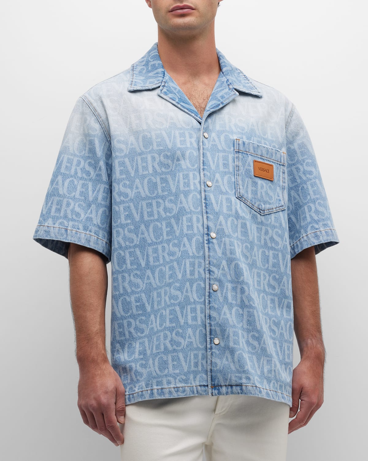 Shop Versace Men's Allover-logo Denim Camp Shirt In Light Blue