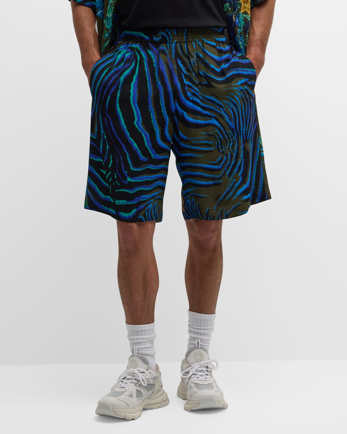 Shop Versace Men's Wildflower West Tiger Print Shorts In Khakimulticolor