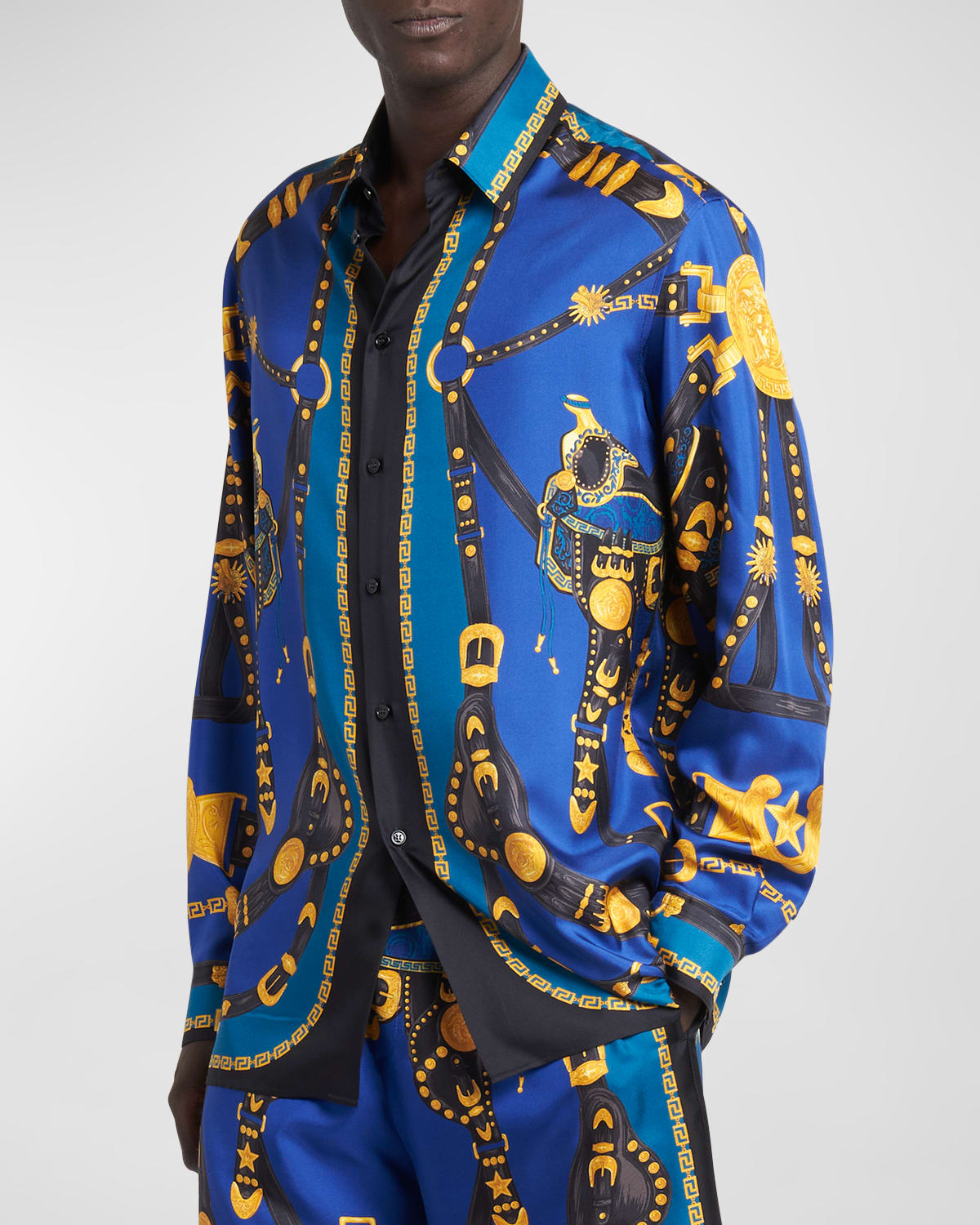 Shop Versace Men's Medusa Harness-print Silk Sport Shirt In Blue Navyblack