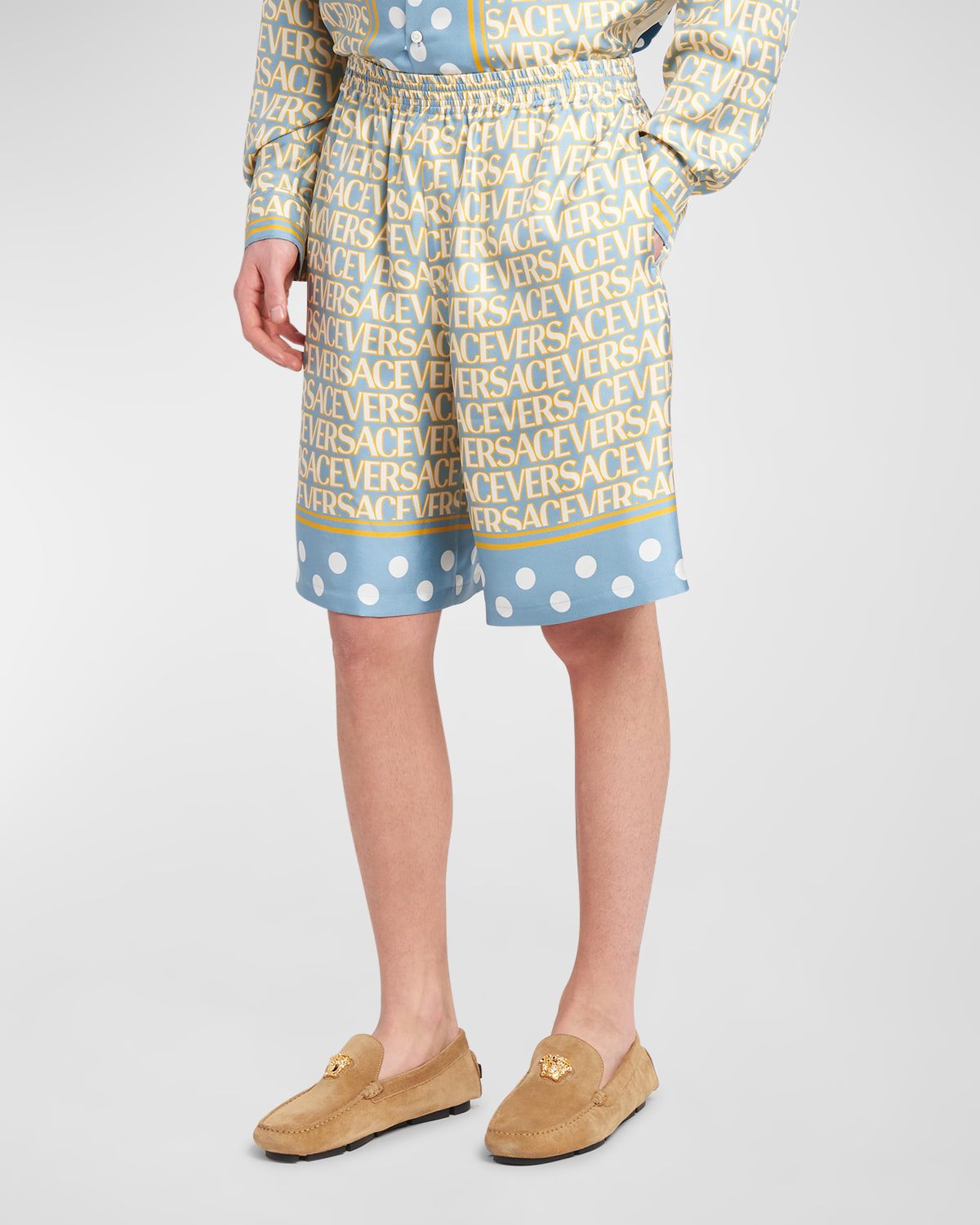 Versace Silk Bermuda Shorts With All-over Logo In Light Blueivory