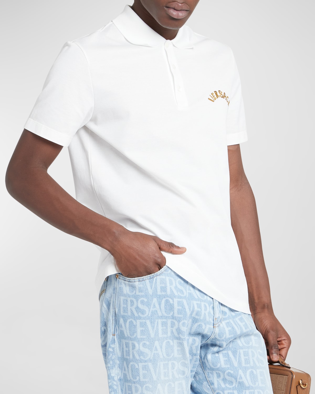Shop Versace Men's Polo Shirt With Script Embroidery In Optical White