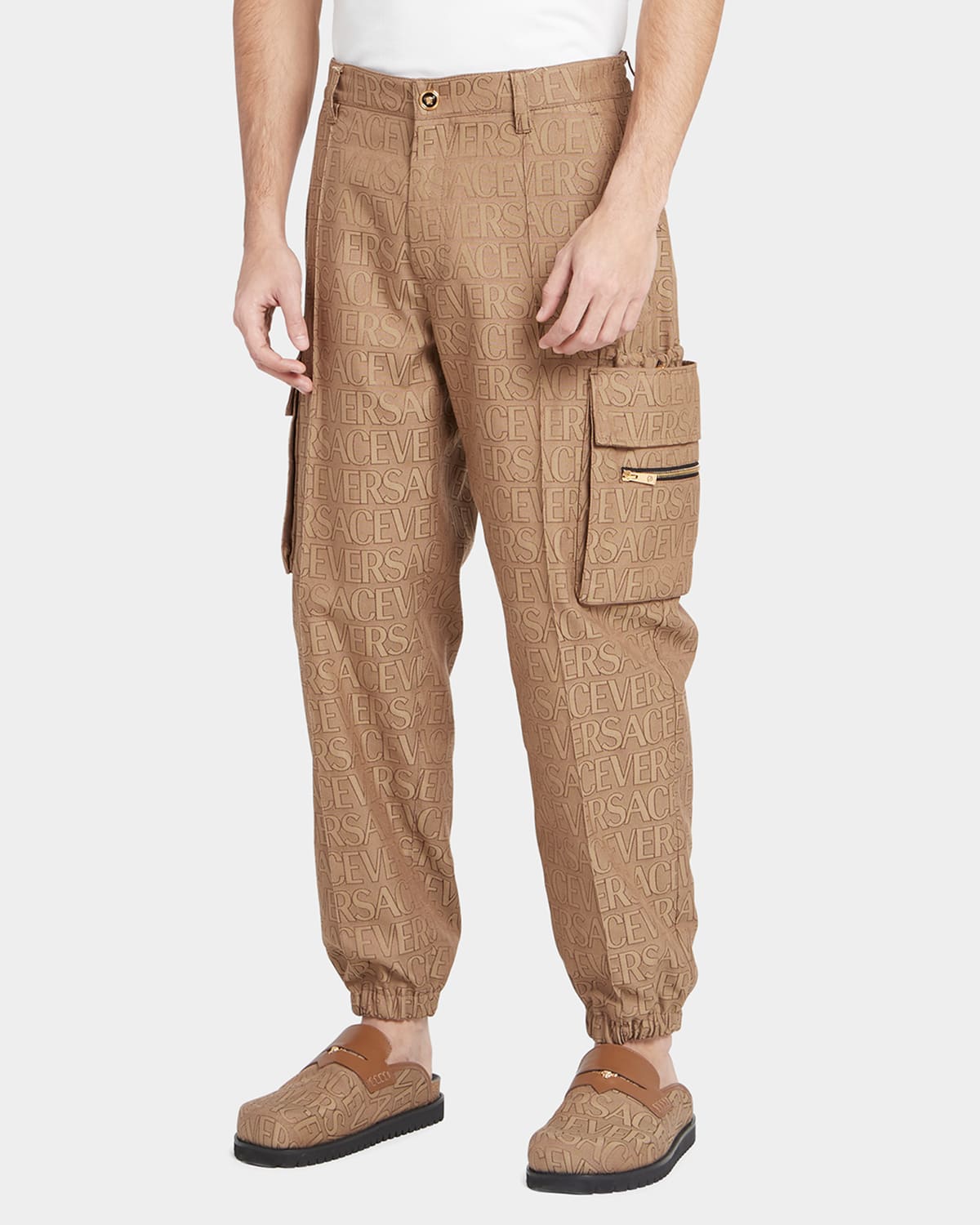 Shop Versace Men's Tech Canvas Allover-logo Cargo Pants In Brownbeige