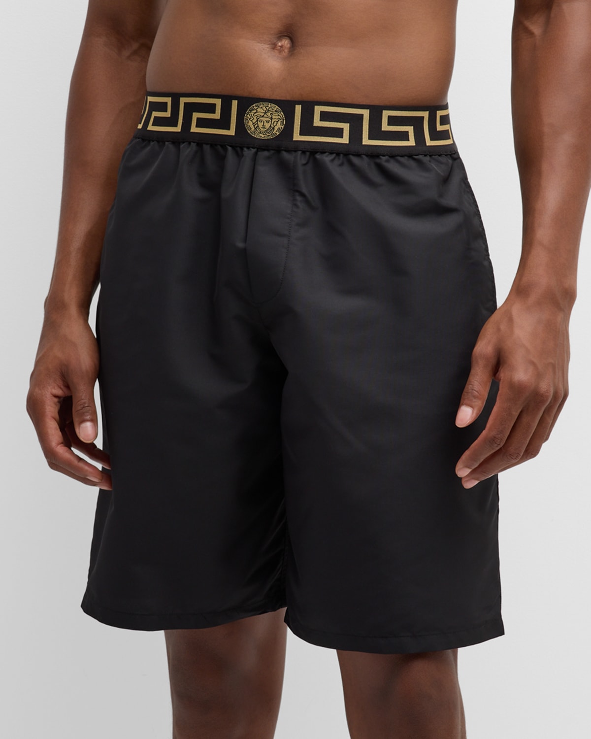 Shop Versace Men's Greca Long Swim Shorts In Black Gold Greek