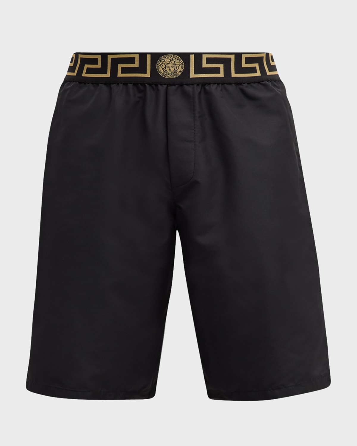 Versace Black Swim Trunks With Greca And Medusa Head Print On Elastic Waistband In Nylon Man In Black Gold Greek