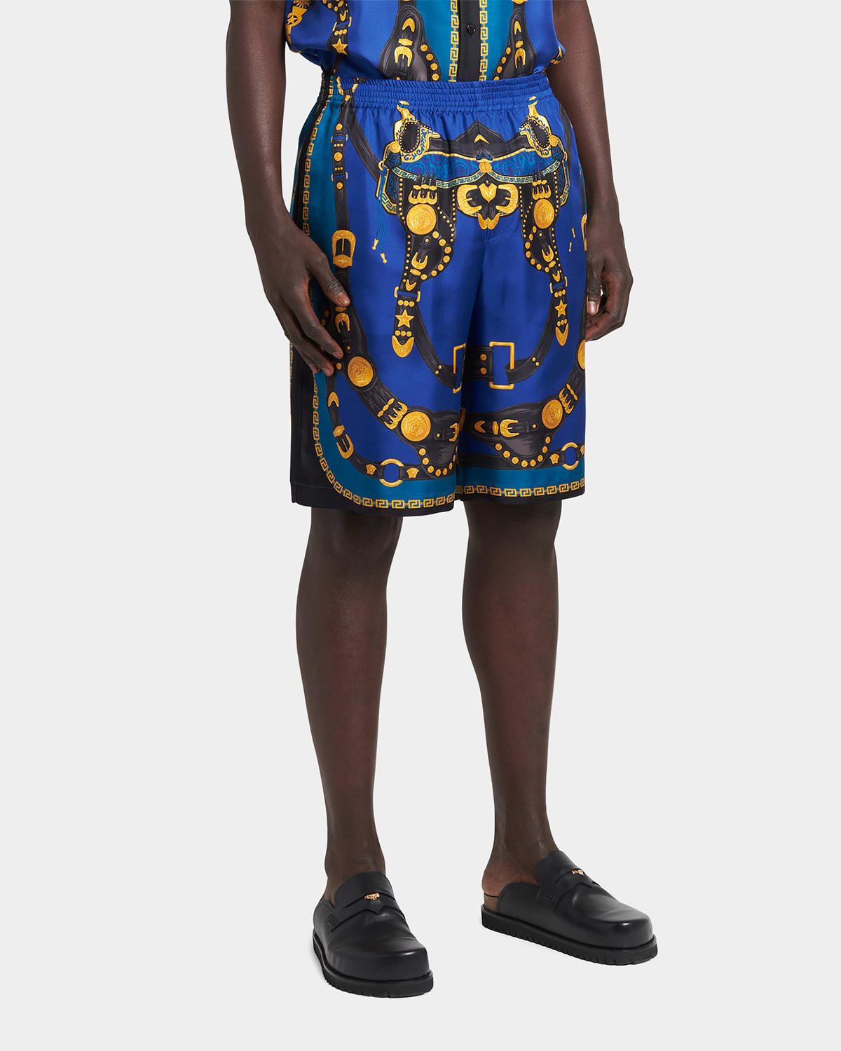 Shop Versace Men's Medusa Harness-print Silk Shorts In Blue Navyblack
