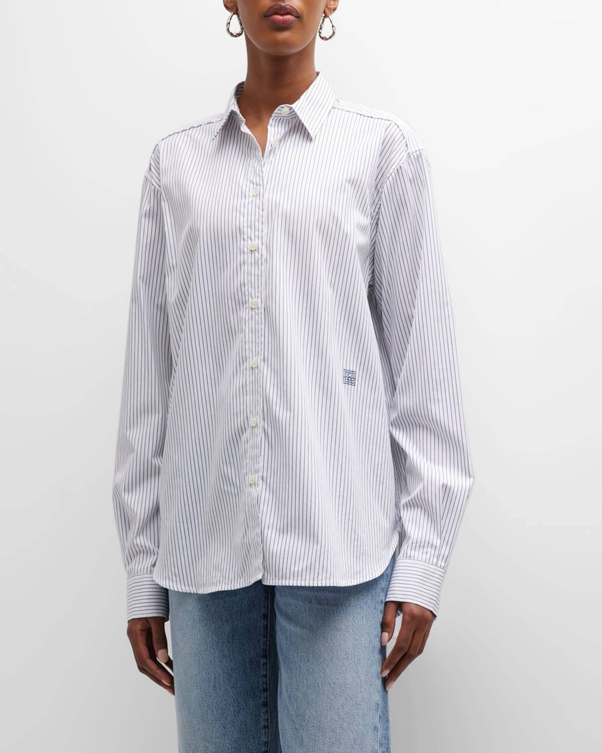 Shop Totême Stripe Signature Cotton Button Down Shirt In Medium Blue