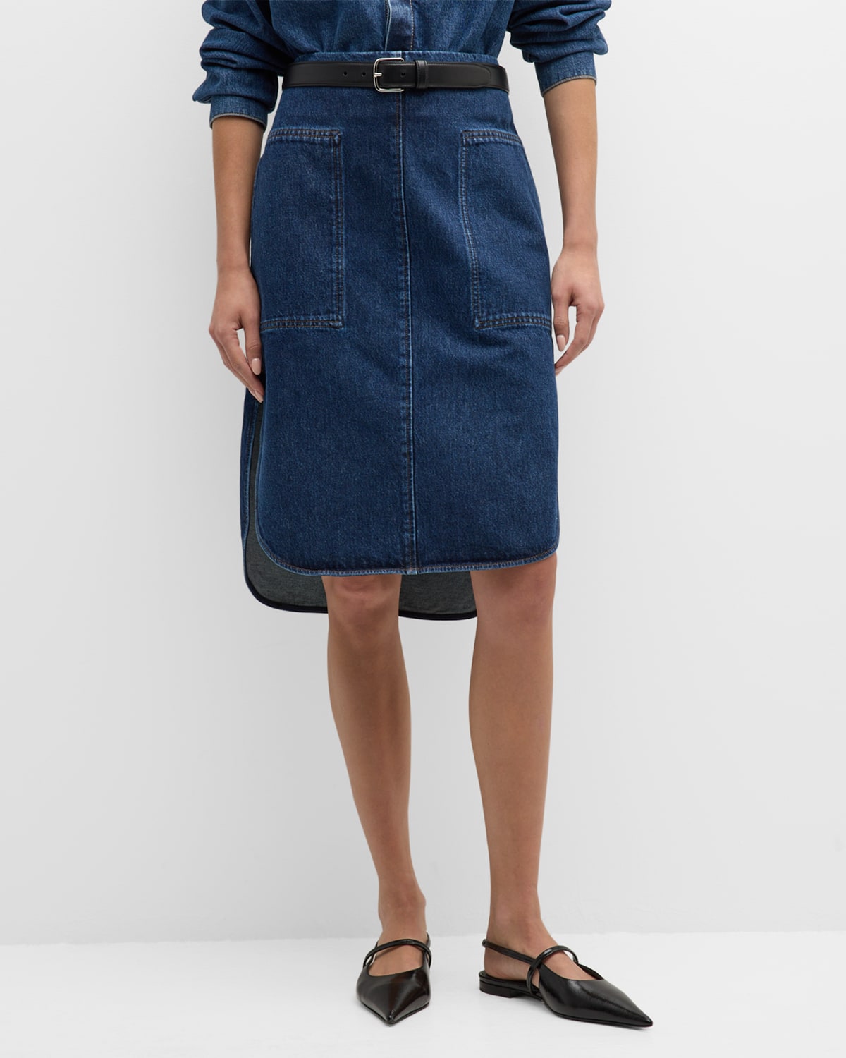 Shop Totême Curved-hem Denim Skirt In Dark Blue