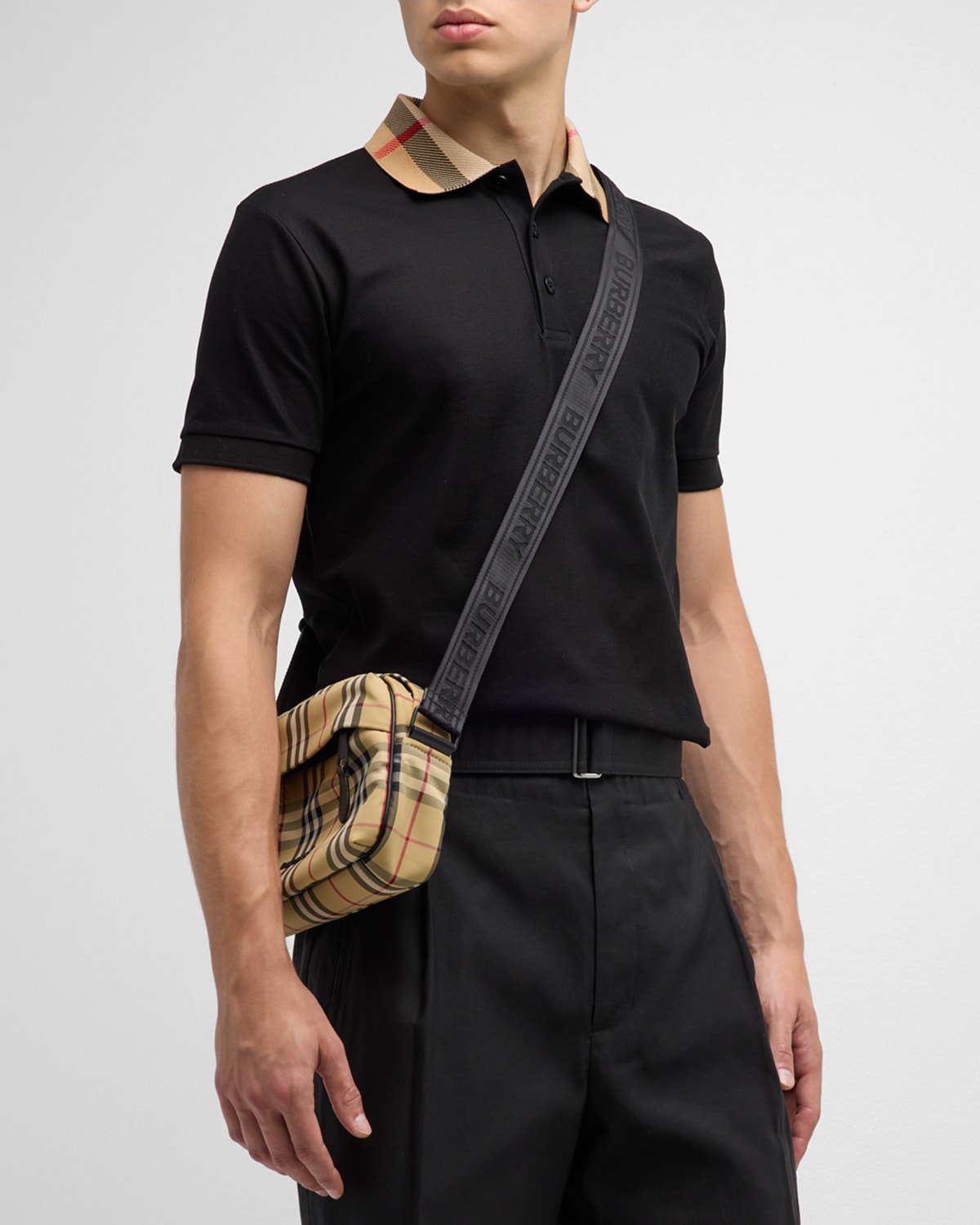 Shop Burberry Men's Cody Check-collar Polo Shirt In Black