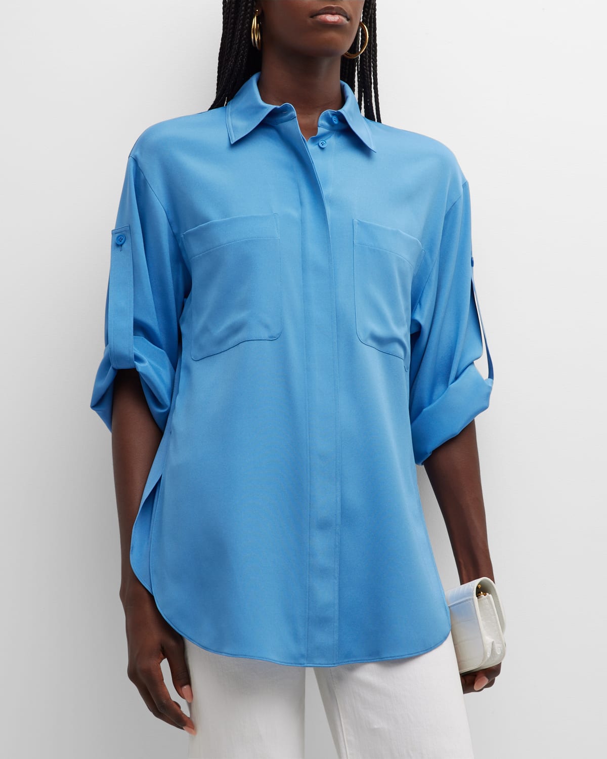 Tab-Sleeve Patch-Pocket Silk Shirt