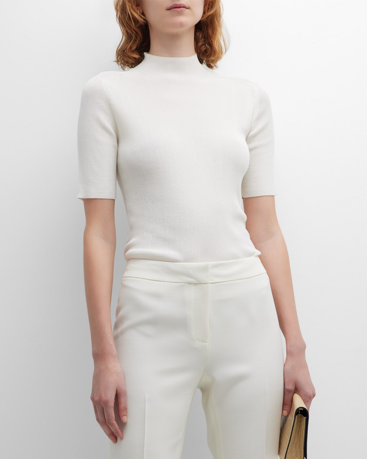 Lafayette 148 Mock Neck Short Sleeve Rib Sweater In Cloud