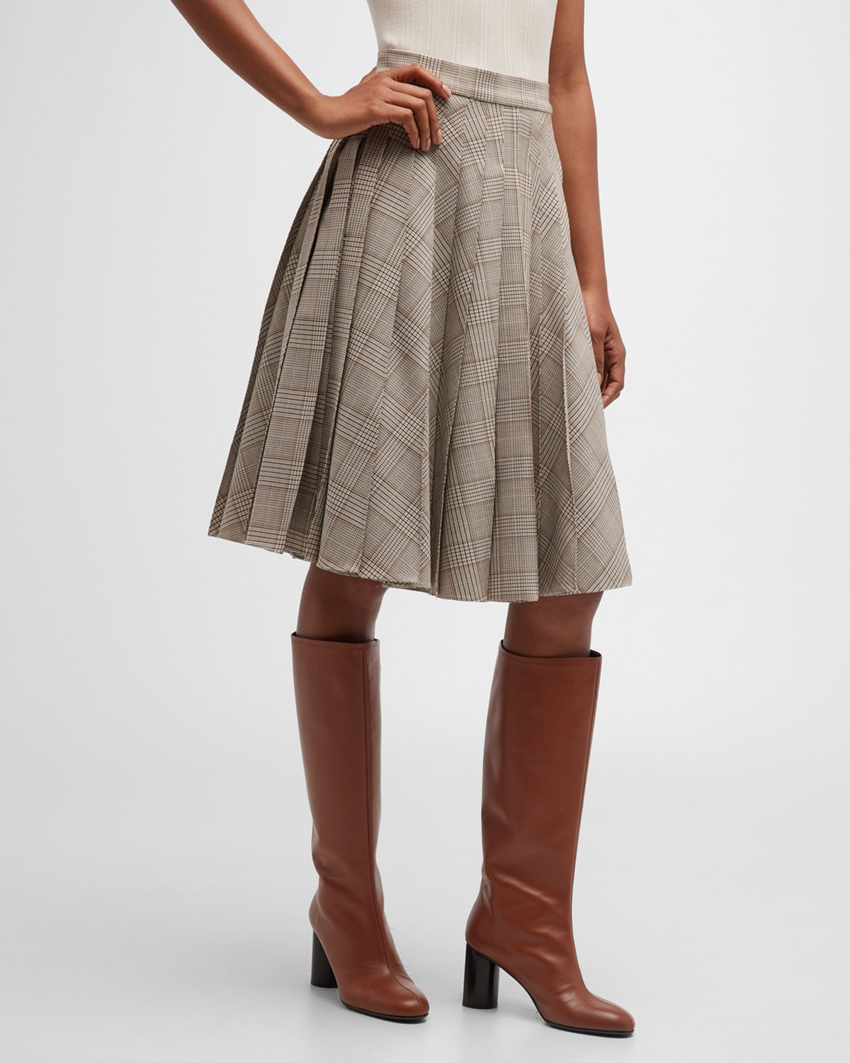Co Check Pleated A-line Skirt In Taupe Multi