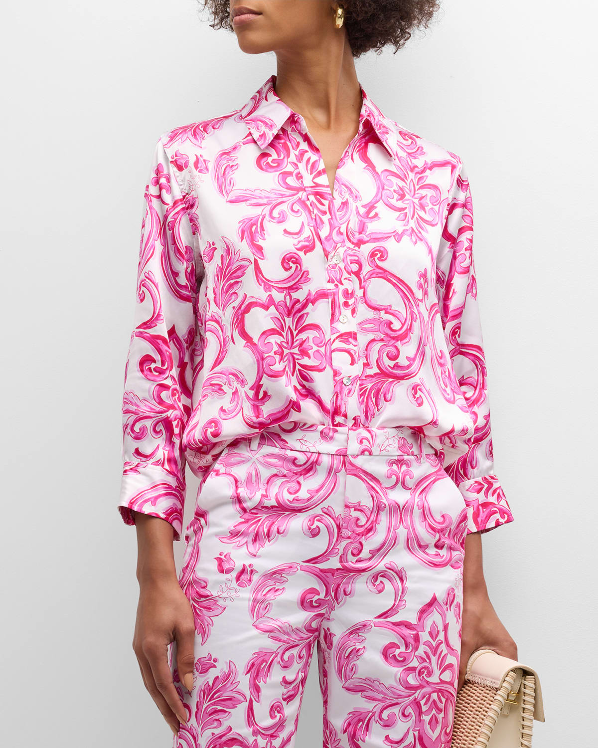 Shop L Agence Dani Printed Silk Blouse In White/pink  Mediterranean Tile