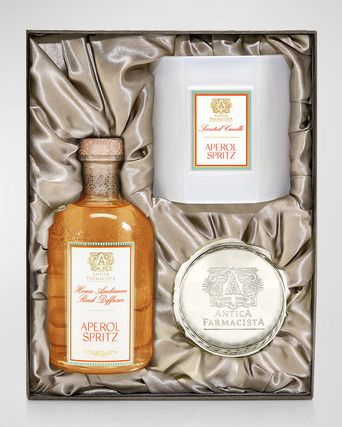 Antica Farmacista Aperol Spritz Home Ambiance Set, Diffuser And Candle With Silver Tray