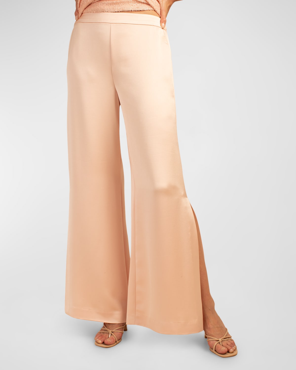 Trina Turk Sunset Satin Wide-leg Pants With Split Hem In Strawberry