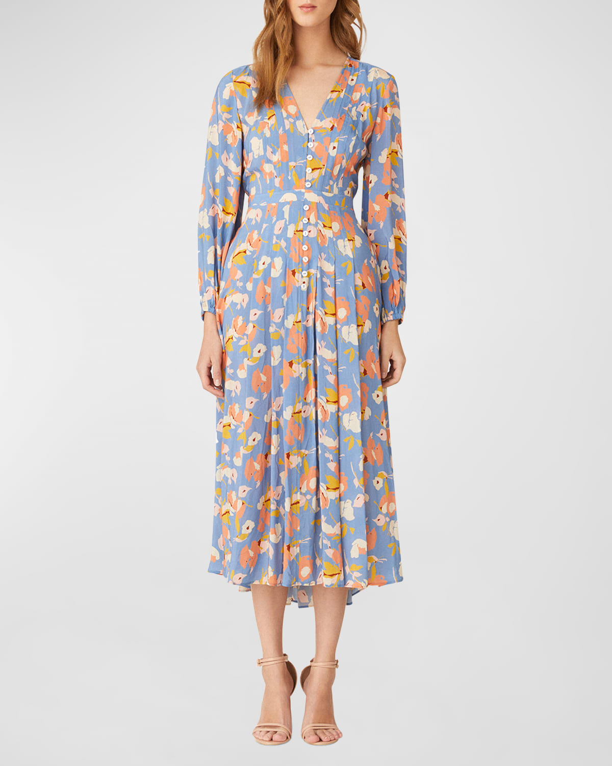 Mira Pleated Floral-Print V-Neck Midi Dress