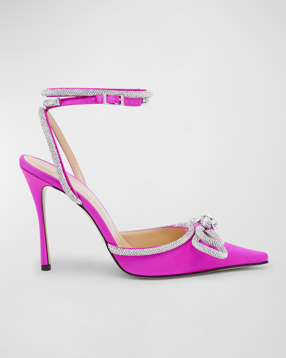 Mach&mach Double Bow Crystal-embellished Silk-satin Point-toe Pumps In Fuschia