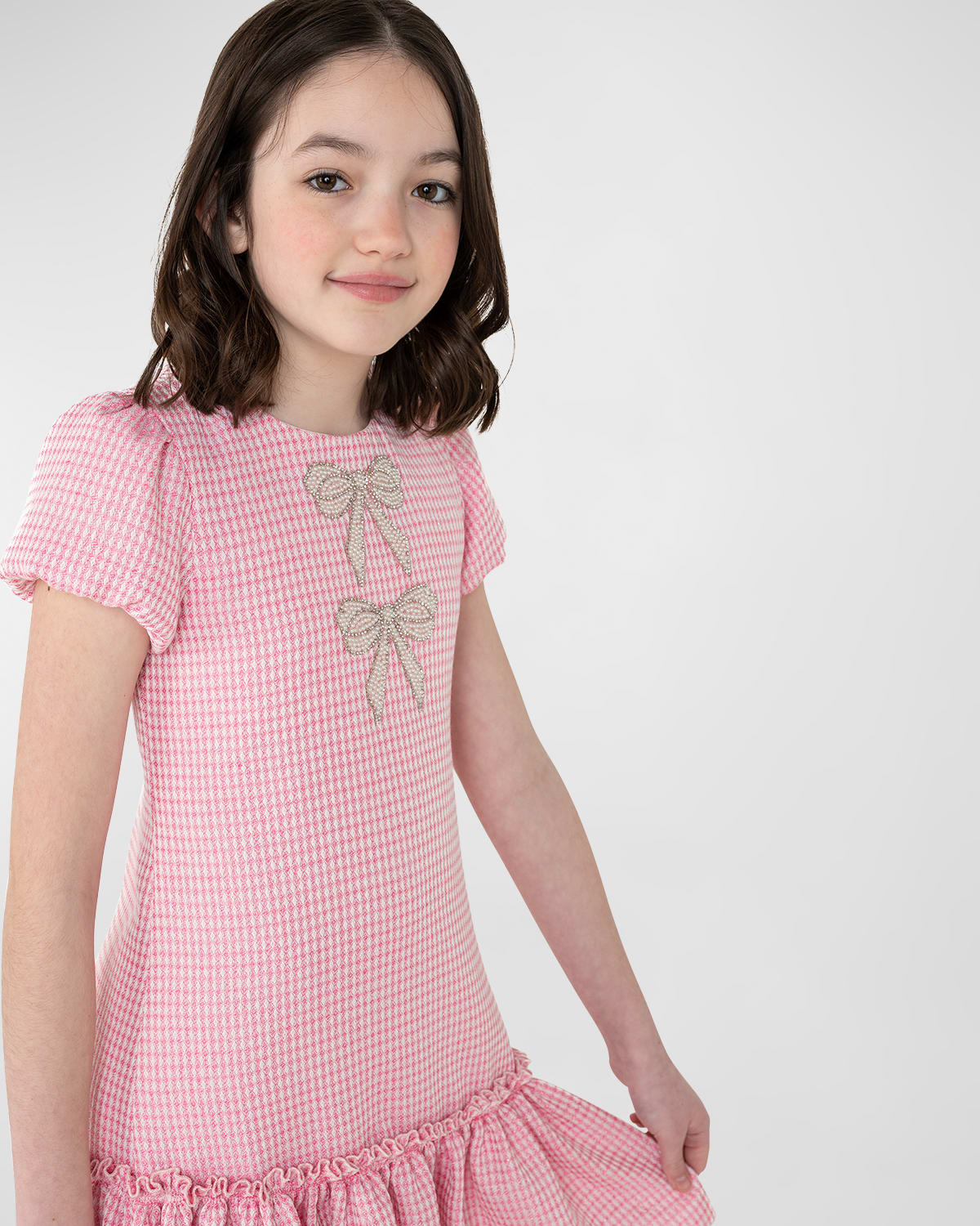 Zoe Kids' Girl's Farrah Tweed Dress With Jeweled Bows In Pink