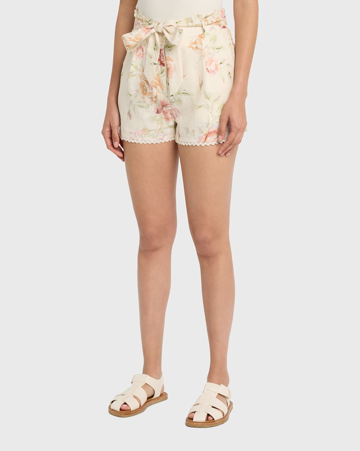 LoveShackFancy Tivey Belted Floral Linen Lace Trim Shorts Smart