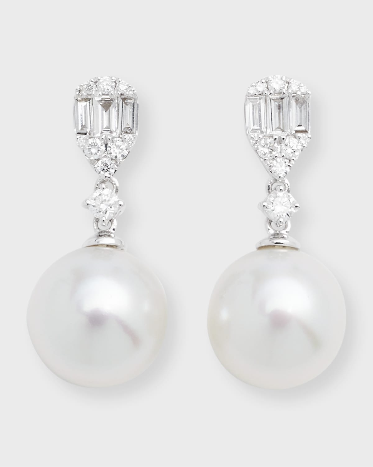 18K White Gold 10.5mm South Sea Pearl Earrings with Diamond Rounds and Baguettes