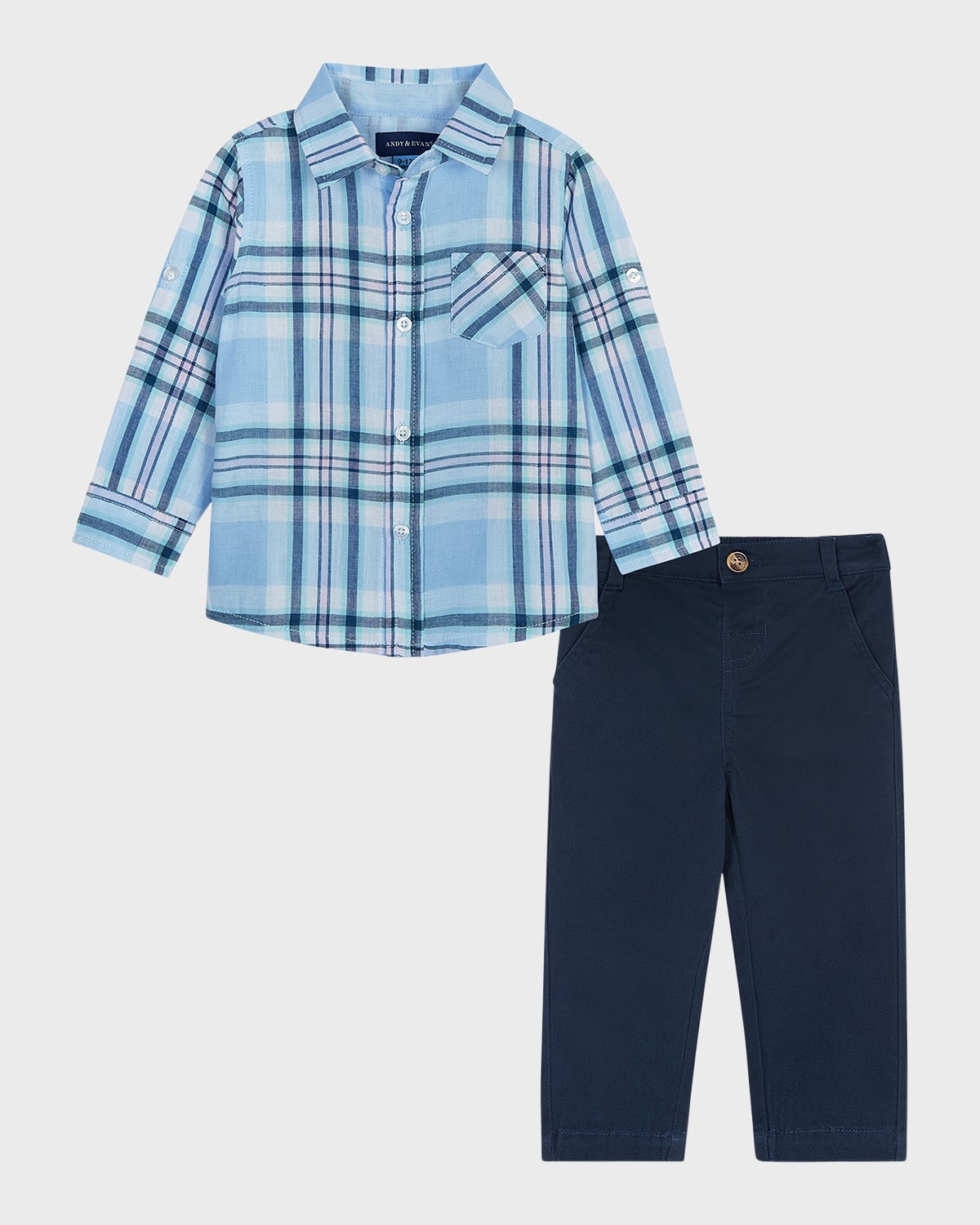 Andy & Evan Kids' Boy's Button Down Shirt W/ Bow Tie And Trousers Set In Lt Blue Plaid
