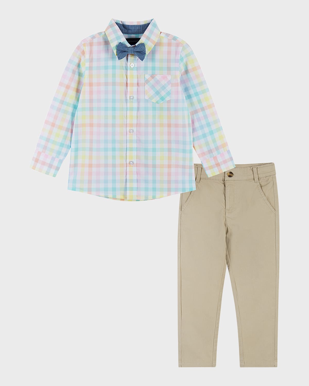 Andy & Evan Kids' Boy's Button Down Shirt W/ Bow Tie And Trousers Set In Yellow Plaid