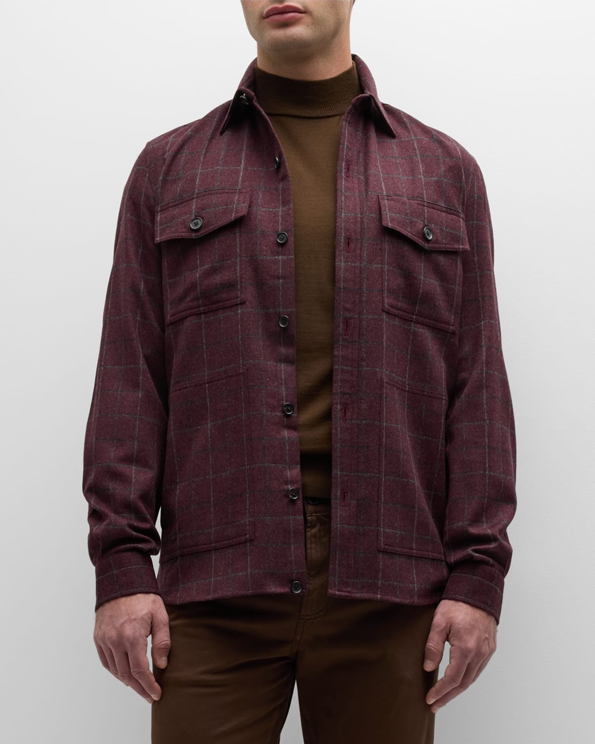 Isaia Men's Wool-cashmere Plaid Overshirt In Dark Purpl