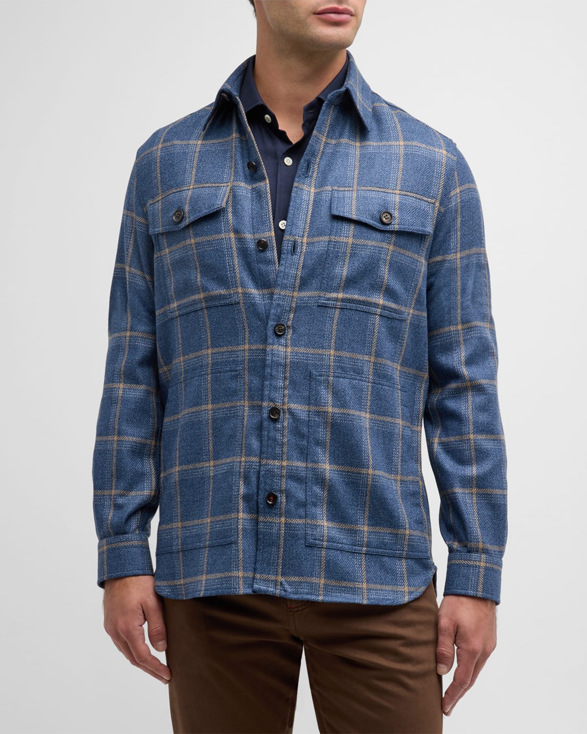 Isaia Men's Wool-silk Check Overshirt In Medium Blu