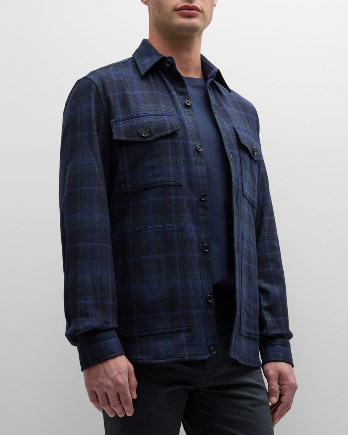 Isaia Men's Wool-cashmere Plaid Overshirt In Navy