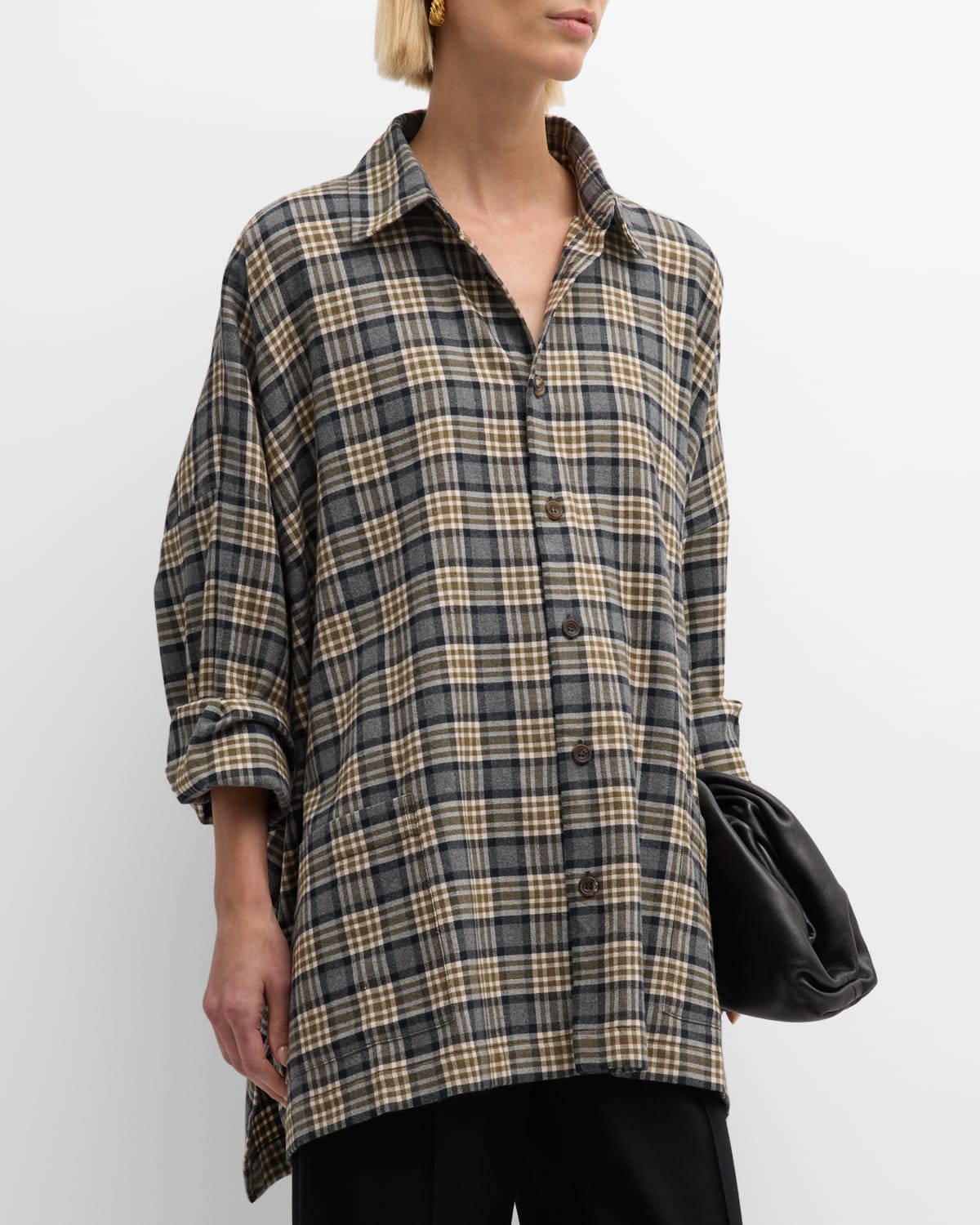 Eskandar Plaid Wide Longer Back Shirt Jacket With Collar (long