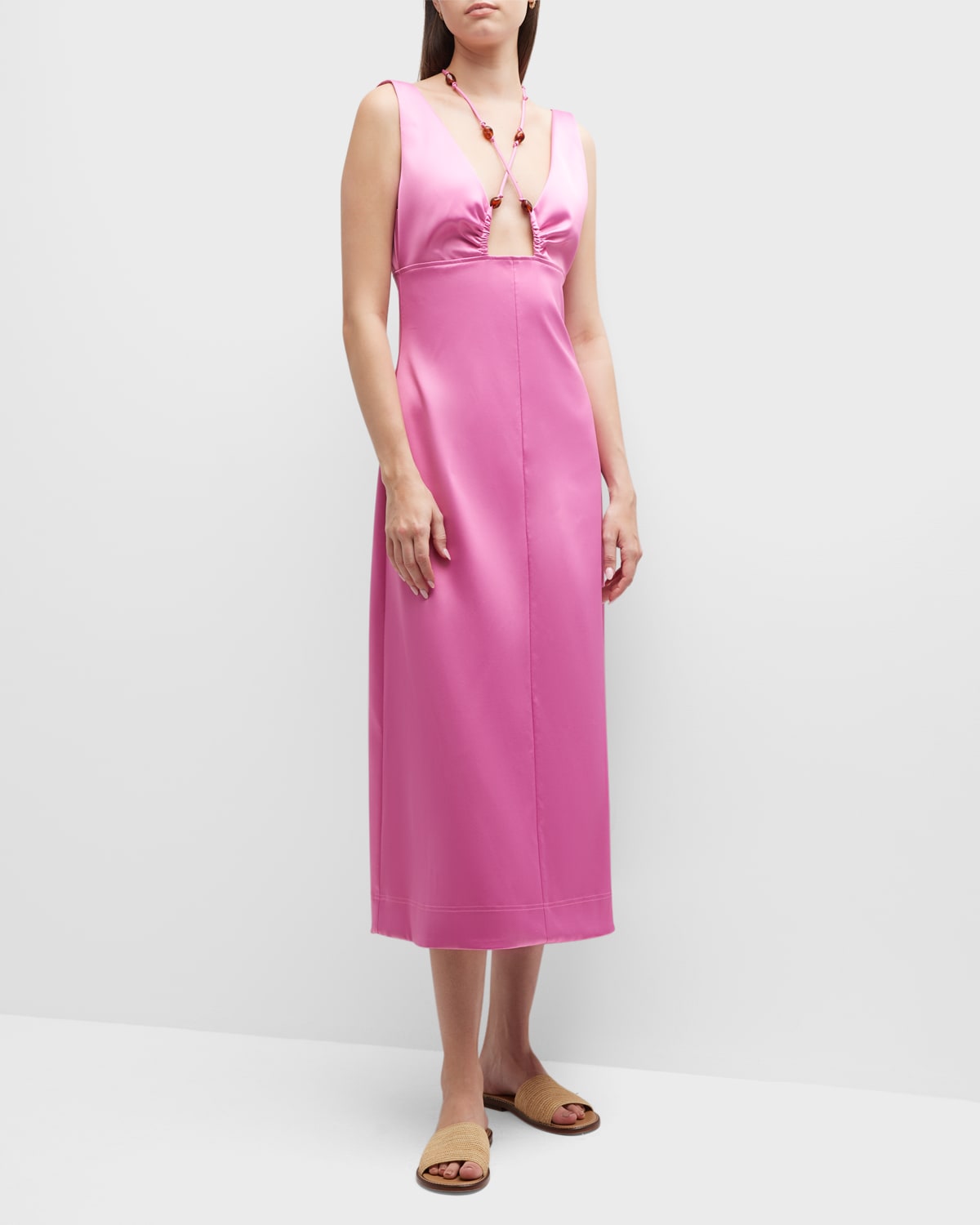 Ganni Double Satin Beaded Stretch Recycled-polyester Midi Dress In Wild Orchid