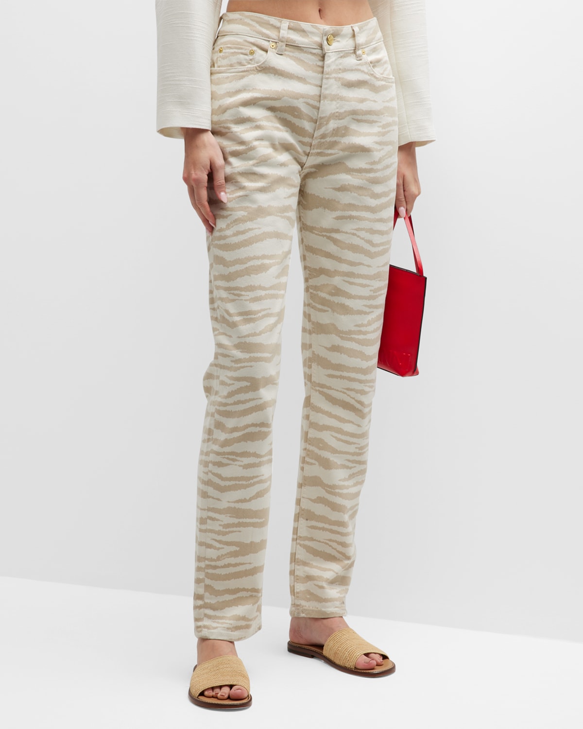 Ganni Betzy Printed Straight Cropped Jeans In Pale Khaki