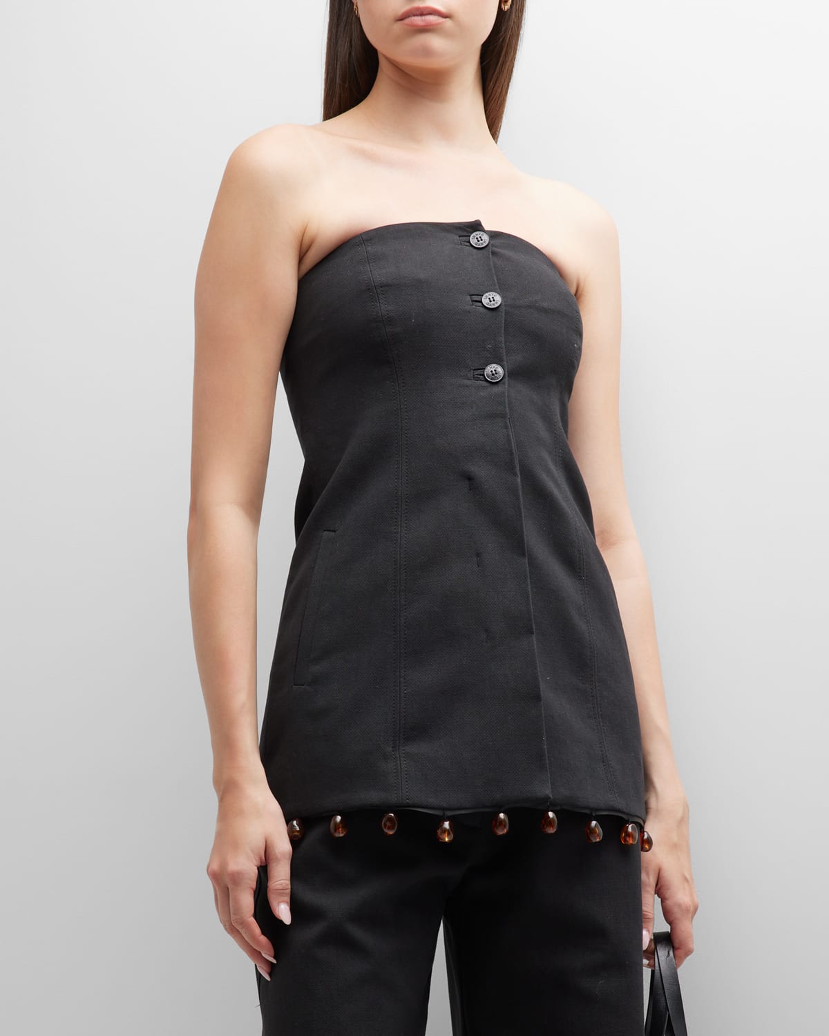 Ganni Strapless Beaded Suiting Top In Black
