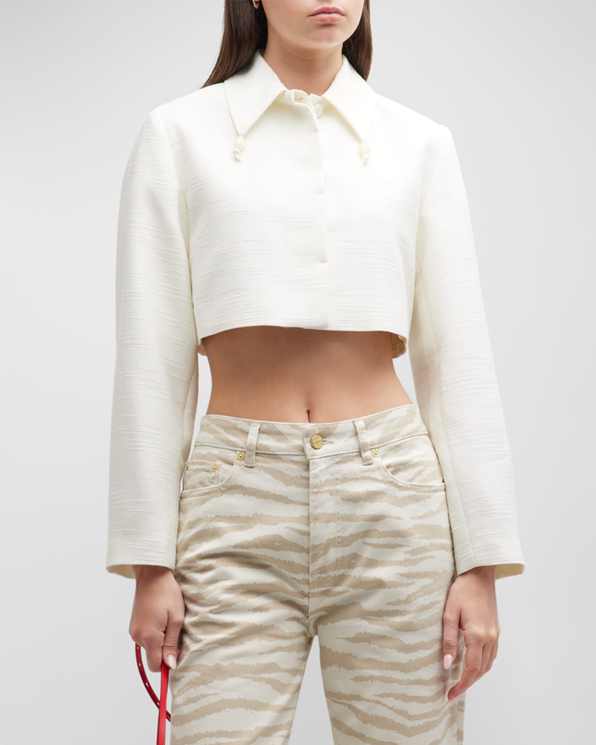 Ganni Long Sleeve Slub Linen Cropped Blazer In Egret