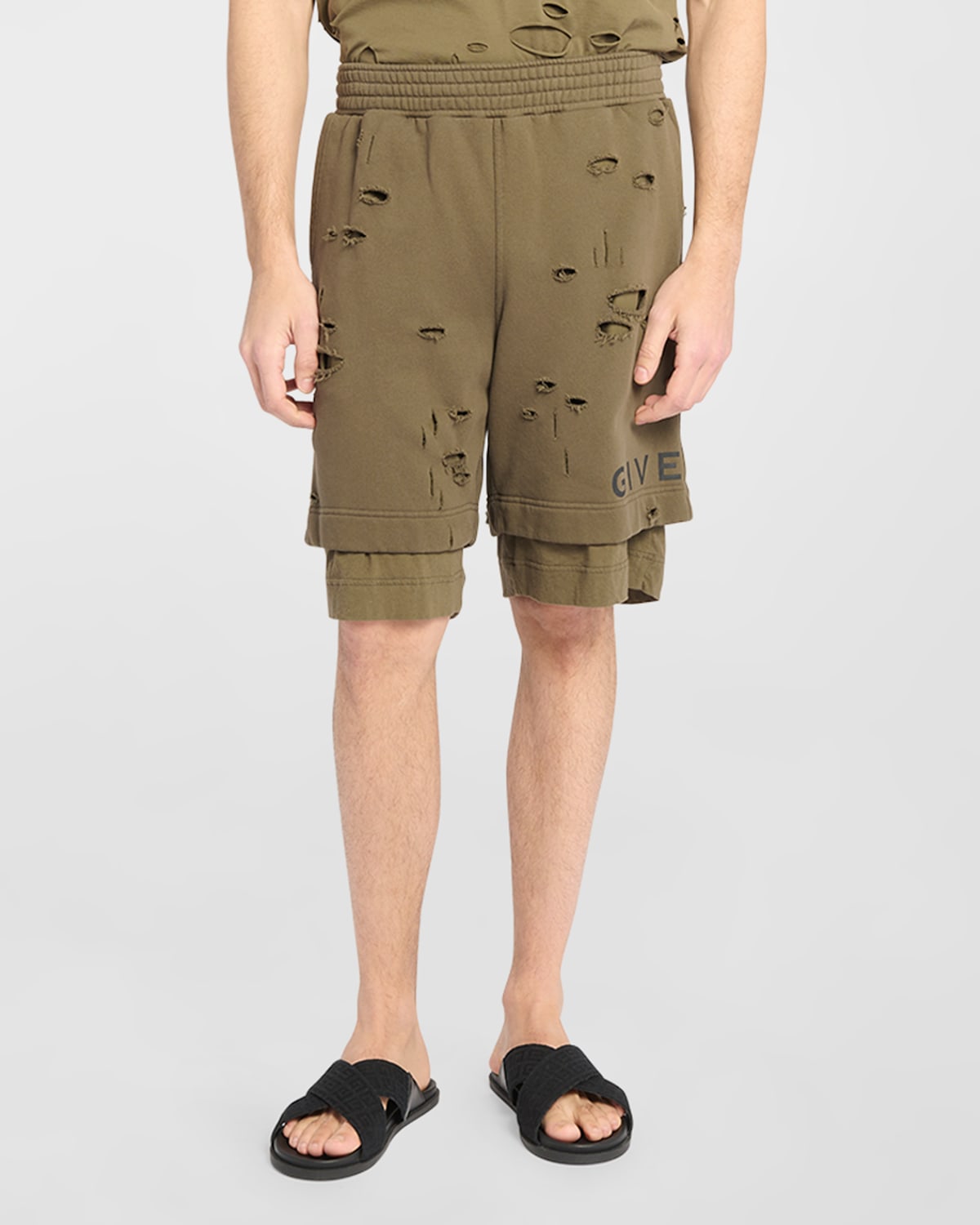 Givenchy Men's Double-layer Destroyed Sweat Shorts In Khaki