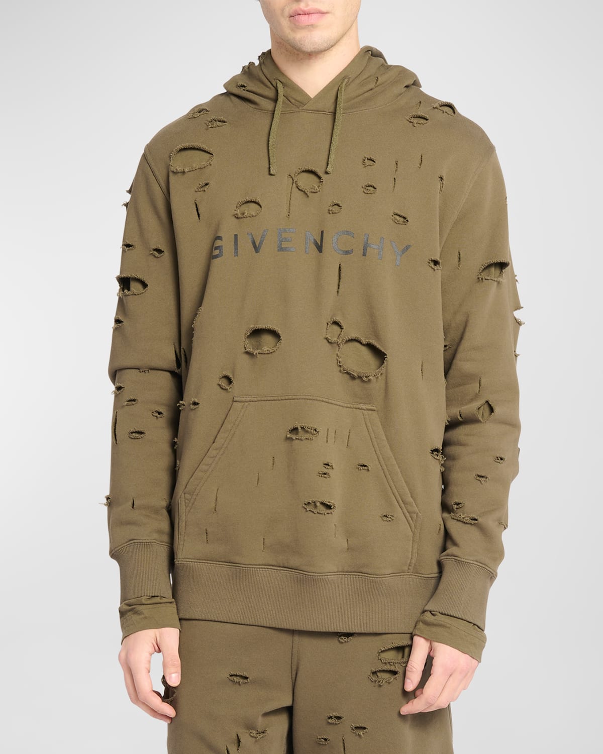 Givenchy Men's Destroyed Double-layer Logo Hoodie In Khaki