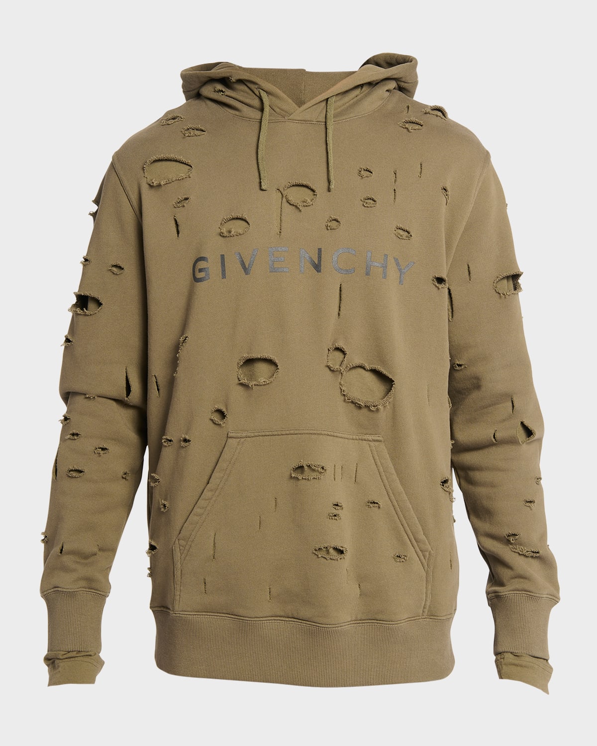 Givenchy Men's Destroyed Double-layer Logo Hoodie In Khaki