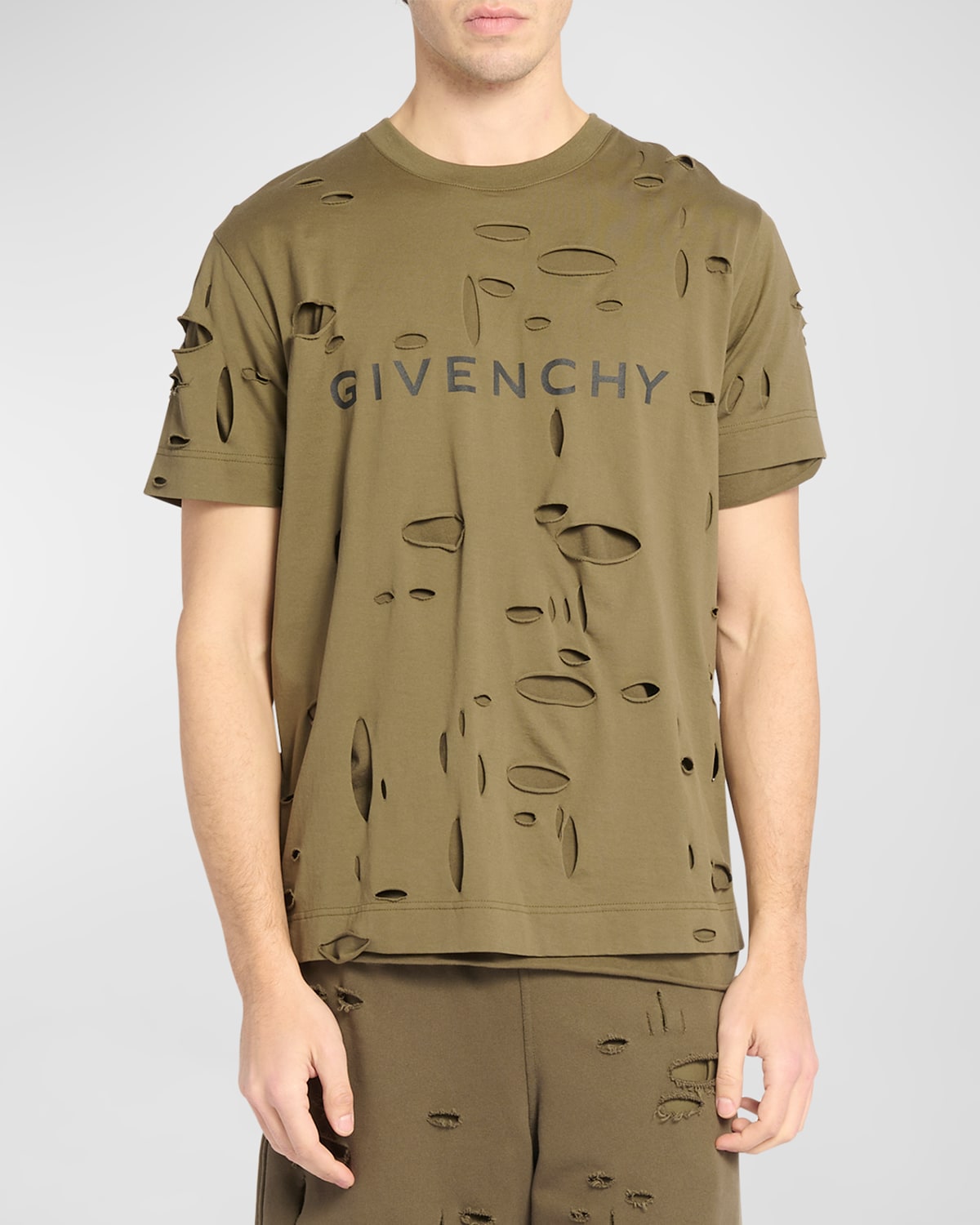 Shop Givenchy Men's Destroyed Double-layer T-shirt In Khaki