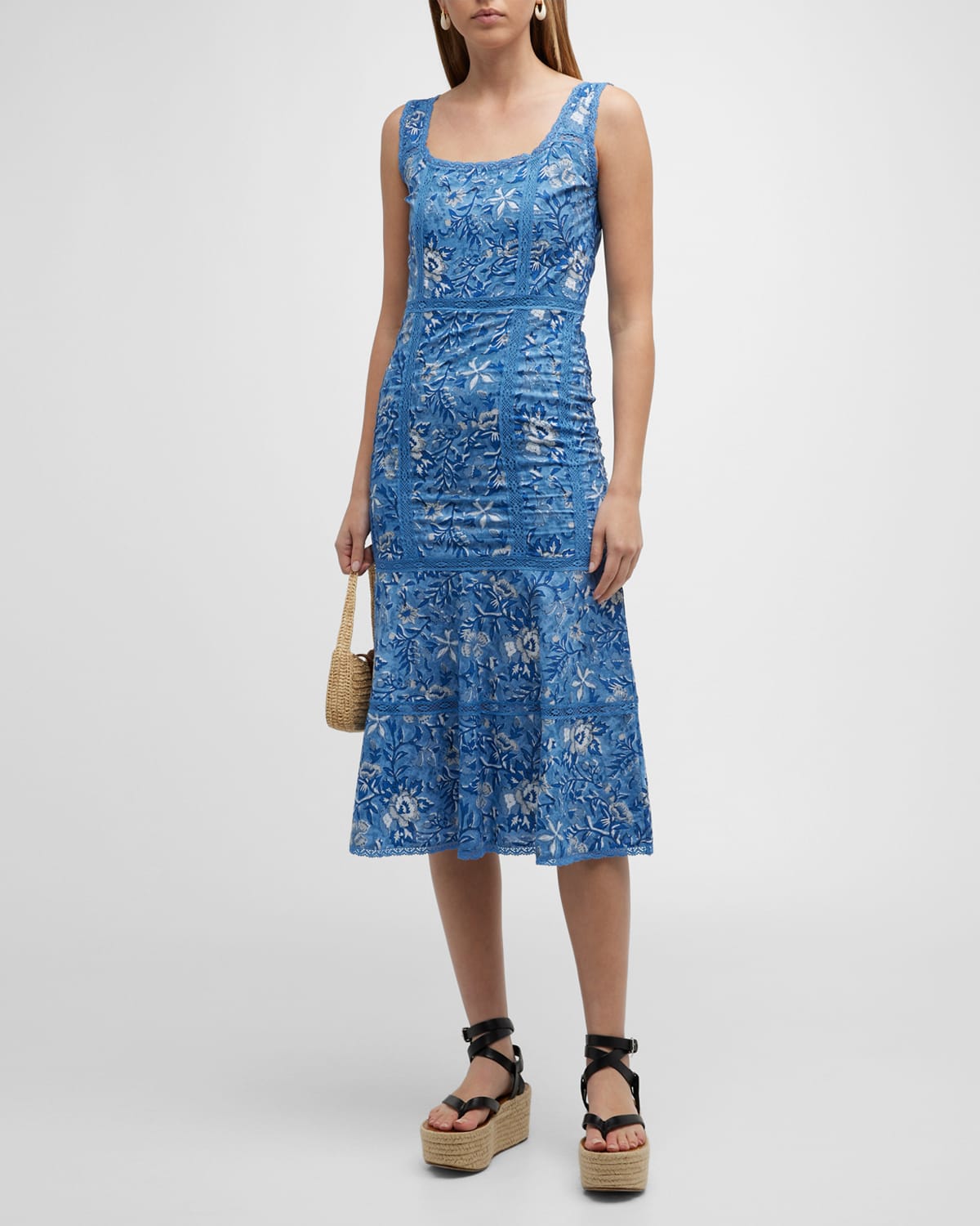 Eddy Tina Sleeveless Fluted Midi Dress With Lace In Blue