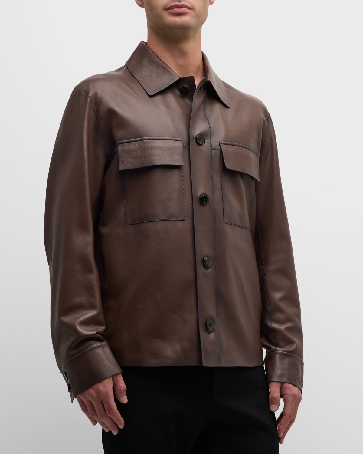 HUGO BOSS MEN'S LEATHER OVERSHIRT WITH CHEST POCKETS