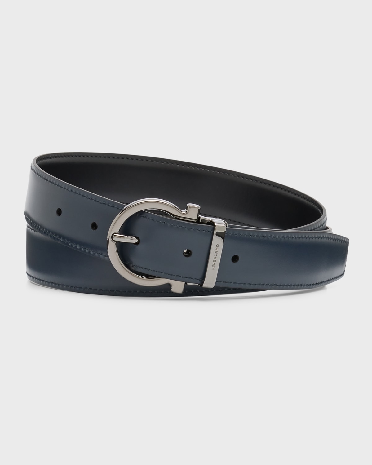 Shop Ferragamo Men's Reversible Leather Gancio Belt In Nero/blue Marine