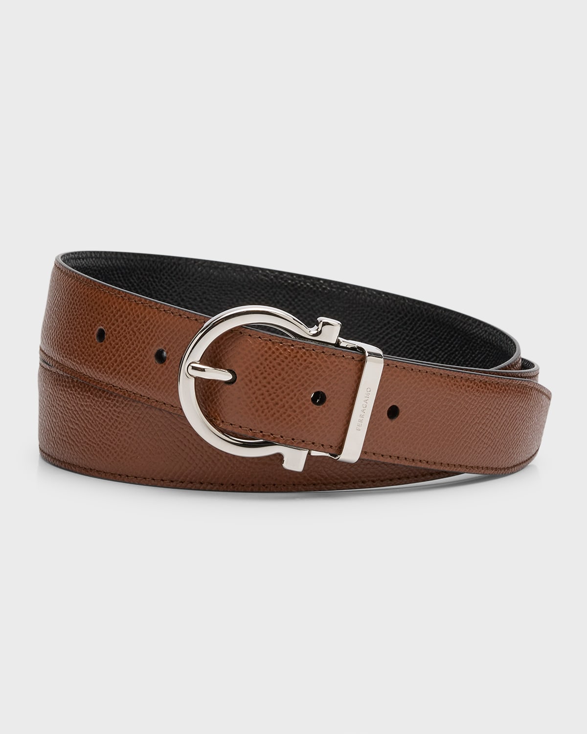 Shop Ferragamo Men's Reversible Leather Gancio-buckle Belt In Radica/nero