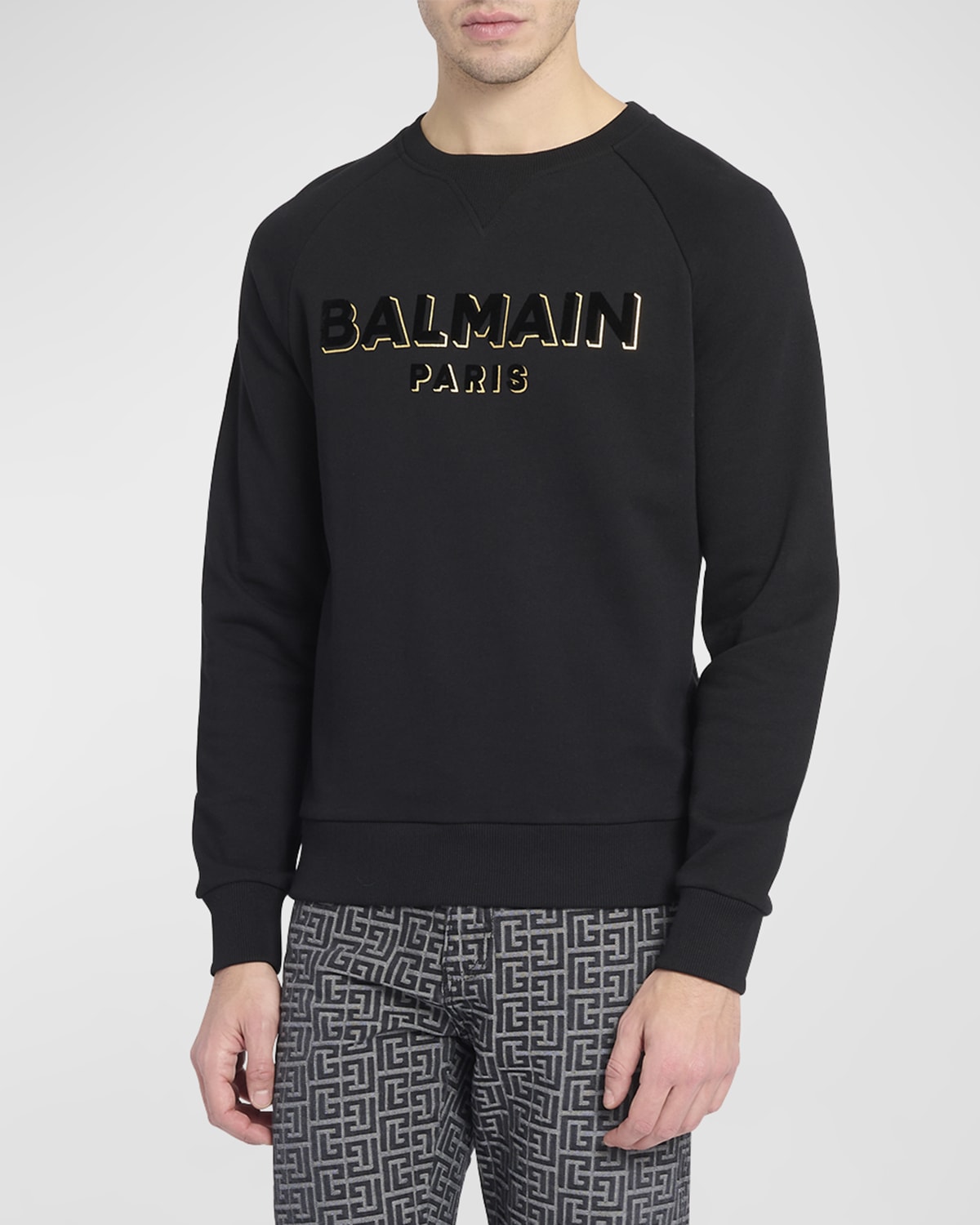 Shop Balmain Men's Flocked Foil Logo Sweatshirt In Black Multi