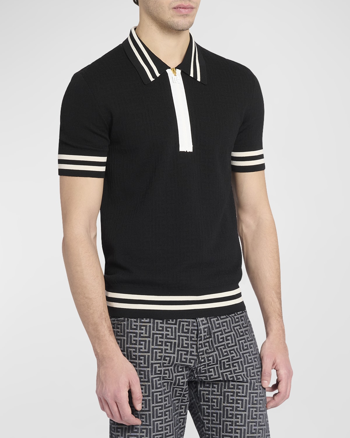 Shop Balmain Men's Monogram Jacquard Polo Shirt In Black/white