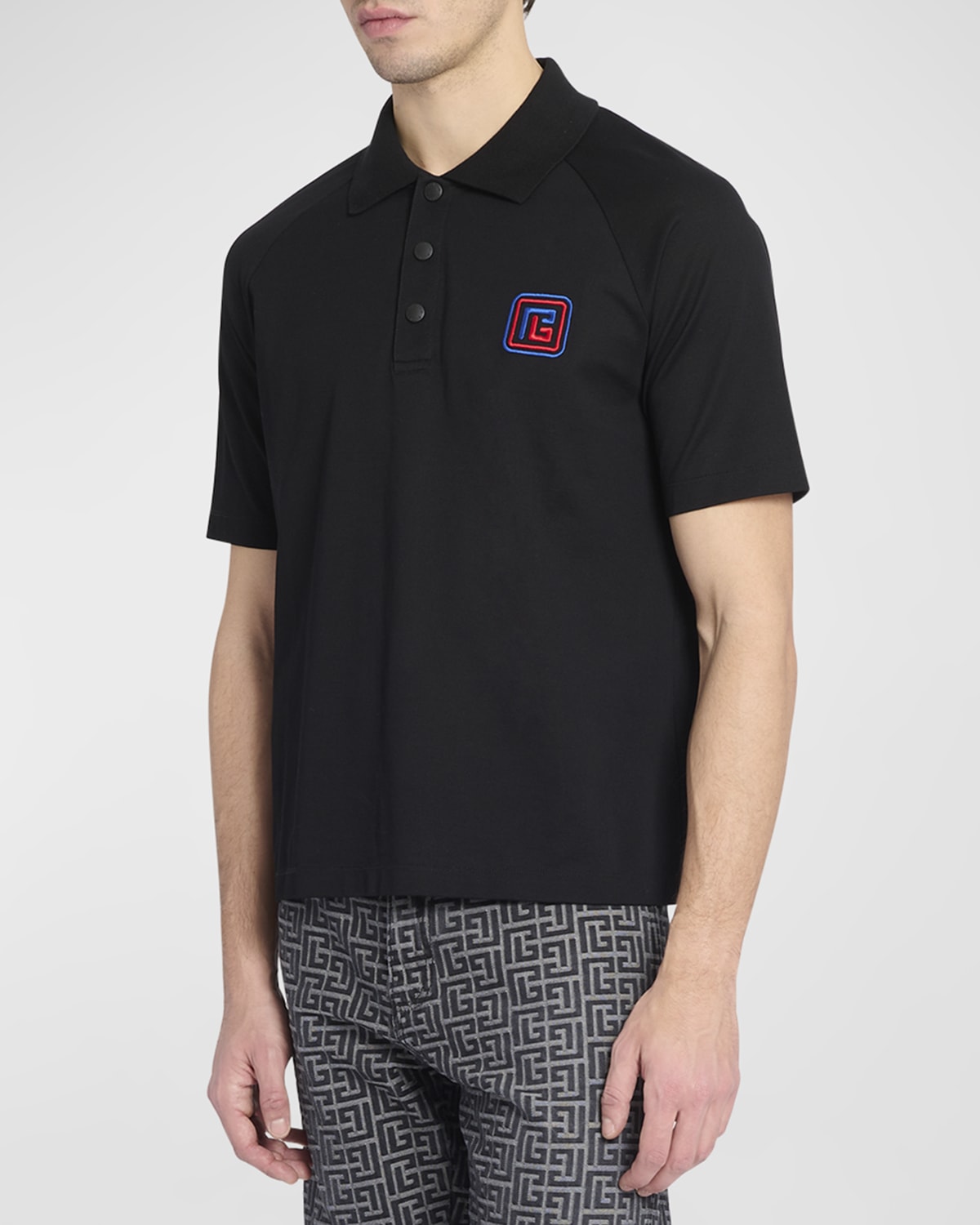 Balmain Men's Embroidered Pique Polo Shirt In Black Multi