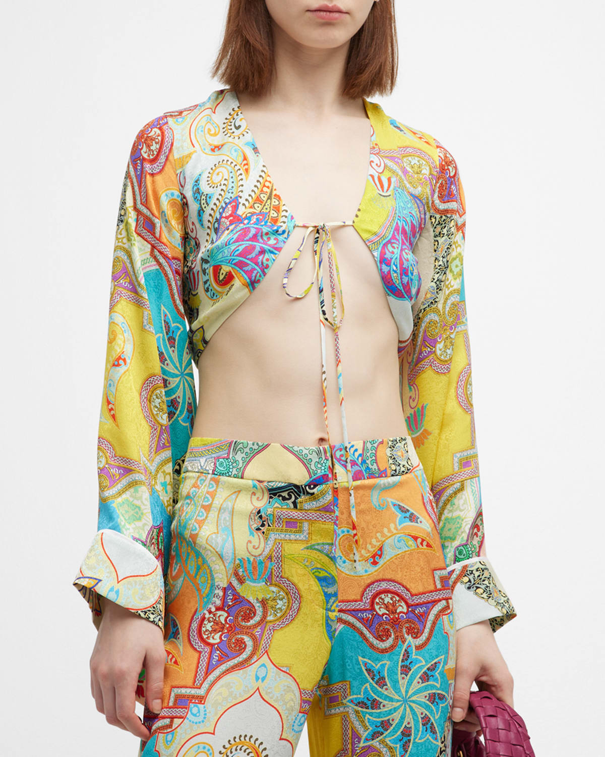 Adriana Iglesias Thais Patchwork-print Flare-sleeve Silk Crop Top In Psychodelic Yello