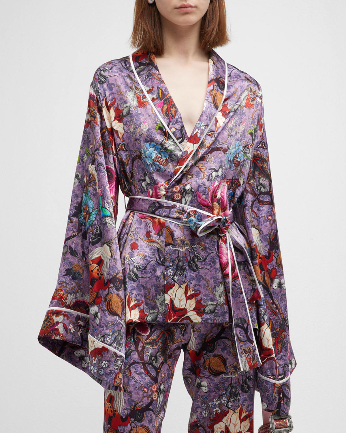 Adriana Iglesias Walter Floral-print Belted Silk Wrap Pajama Top In Eden Purple