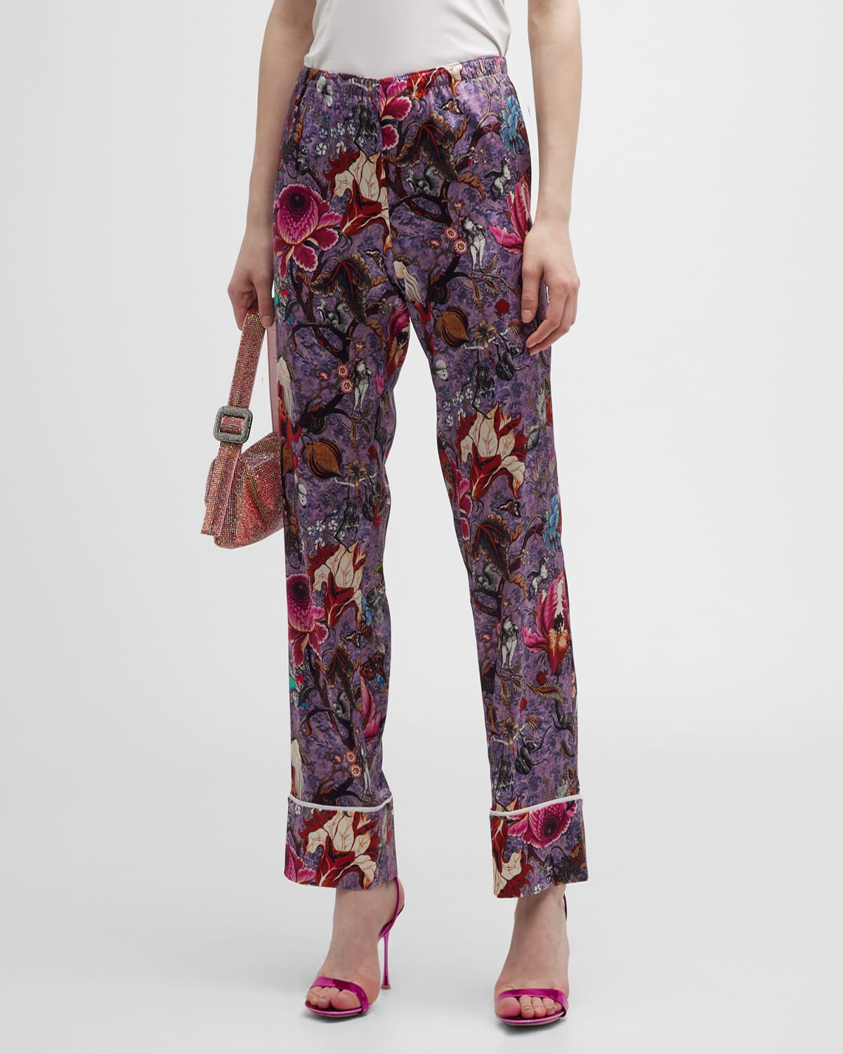 Adriana Iglesias Zac Floral-print Silk Wide-leg Pajama Pants In Eden Purple
