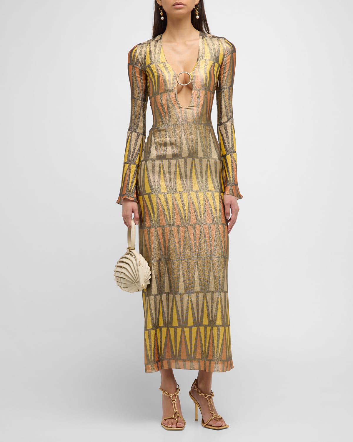 Adriana Iglesias Bonnie Printed Plunge-neck Midi Dress In Triangle Gold